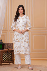Golden White Printed Cotton Kurta and Pant Set