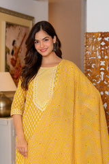 Yellow Printed Cotton Kurta and Pant Set with Dupatta