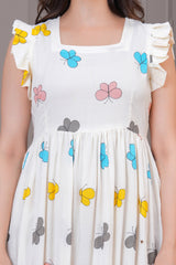 White Butterfly Printed Rayon Anarkali Gown