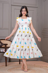 White Butterfly Printed Rayon Anarkali Gown