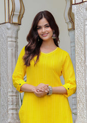 Yellow Katha Cotton Kurta and Cotton Palazzo Set
