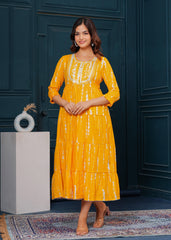 Chrome Yellow Embroidered Cotton Lurex Anarkali Gown