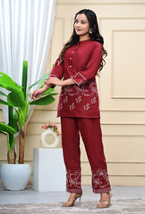Maroon Embroidered Cotton Co-Ord Set