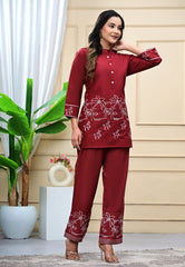 Maroon Embroidered Cotton Co-Ord Set