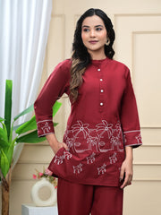 Maroon Embroidered Cotton Co-Ord Set