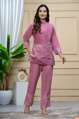 Faded Pink Embroidered Cotton Co-Ord Set
