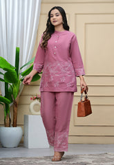 Faded Pink Embroidered Cotton Co-Ord Set