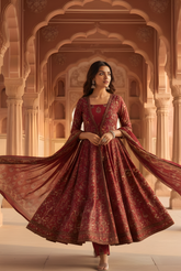 Dull Red Printed Cotton Anarkali Kurta and Pant Set with Dupatta