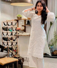 Chikankari Off White Cotton Kurta and Pant Set