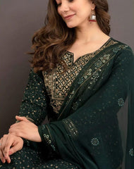 Sequence Embroidered Dark Green Kurta and Pant Set with Dupatta