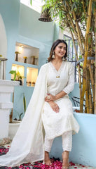Off White Chikankari Kurta and Pant Set with Chanderi Dupatta