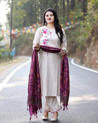 Off White Embroidered Cotton Suit Set with Khadi Silk Dupatta