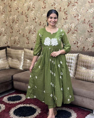 Green Embroidered Cotton Anarkali Kurta and Pant Set