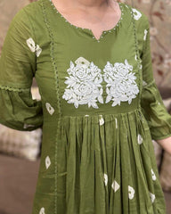 Green Embroidered Cotton Anarkali Kurta and Pant Set