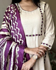 Off White Embroidered Cotton Kurta and Pant Set with Dupatta