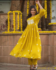 Mustard Yellow Embroidered Cotton Anarkali Kurta and Pant Set