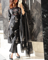 Black Embroidered Cotton Kurta and Pant Set with Dupatta