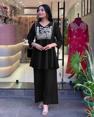 Black Embroidered Cotton Slub Kurta and Pant Set
