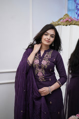Purple Embroidered Cotton Suit Set with Dupatta