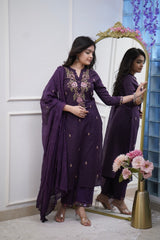 Purple Embroidered Cotton Suit Set with Dupatta