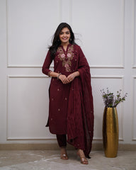 Maroon Embroidered Cotton Suit Set with Dupatta
