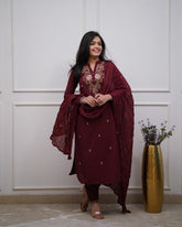 Maroon Embroidered Cotton Suit Set with Dupatta