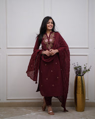 Maroon Embroidered Cotton Suit Set with Dupatta