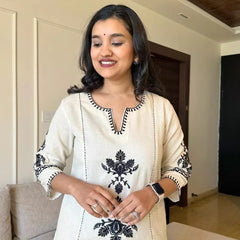 Off White Embroidered South Cotton Kurta and Pant Set