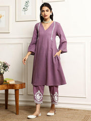 Light Mauve Embroidered Kurta and Pant Set with Dupatta