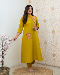 Mustard Yellow Embroidered Cotton Kurta and Pant Set