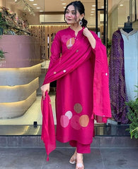 Pink Embroidered Chanderi Suit Set Dupatta