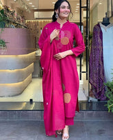 Pink Embroidered Chanderi Suit Set Dupatta