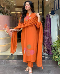 Orange Embroidered Chanderi Suit Set Dupatta