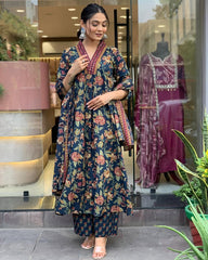 Navy Blue Floral Printed Cotton Kurta and Pant Set with Mulmul Dupatta