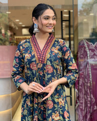 Navy Blue Floral Printed Cotton Kurta and Pant Set with Mulmul Dupatta