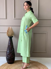 Light Green Embroidered Cotton Kurta and Palazzo Set