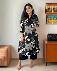 Black Floral Printed Cotton Kurta and Pant Set