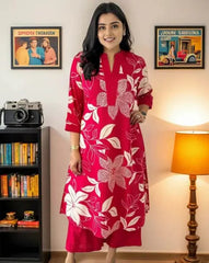 Red Floral Printed Cotton Kurta and Pant Set