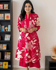 Red Floral Printed Cotton Kurta and Pant Set