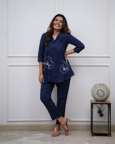 Navy Blue Embroidered Cotton Co-Ord Set