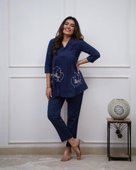 Navy Blue Embroidered Cotton Co-Ord Set