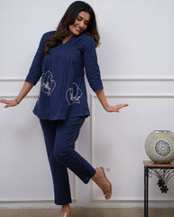 Navy Blue Embroidered Cotton Co-Ord Set