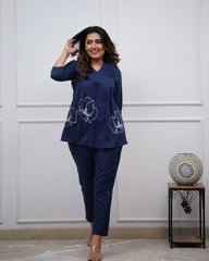 Navy Blue Embroidered Cotton Co-Ord Set