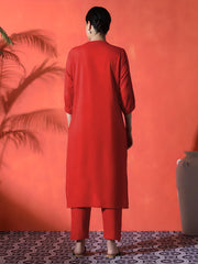 Red Heart Embroidered Cotton Kurta and Pant Set