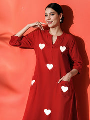 Red Heart Embroidered Cotton Kurta and Pant Set