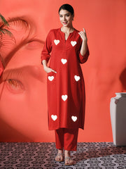 Red Heart Embroidered Cotton Kurta and Pant Set