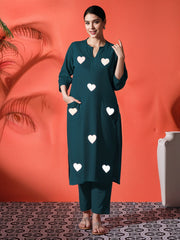 Teal Heart Embroidered Cotton Kurta and Pant Set