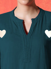 Teal Heart Embroidered Cotton Kurta and Pant Set