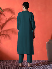 Teal Heart Embroidered Cotton Kurta and Pant Set