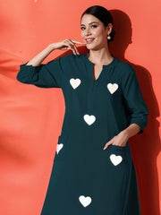 Teal Heart Embroidered Cotton Kurta and Pant Set